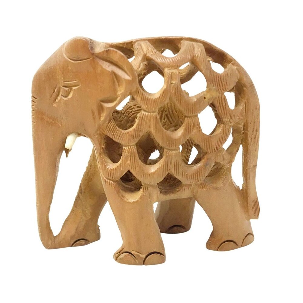 Wooden Hand Carved Elephant - with Baby in Lattice Work Stomach